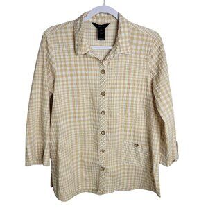 Ali Miles Yellow Checkered Gingham Tunic Top Medium Button Down Flowy 3/4 Sleeve